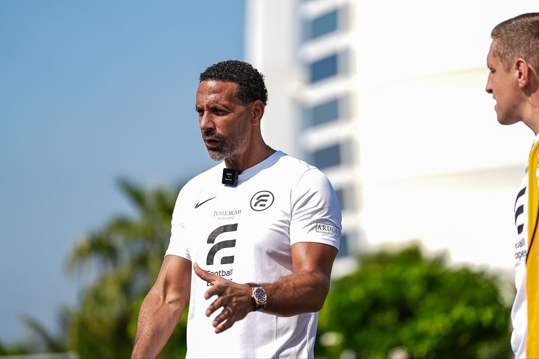 Rio Ferdinand coaching at a Football Escape camp in Dubai